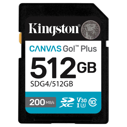 Cartão de Memória Kingston 512 GB SDXC Canvas Go Plus Gen4 200 MB/s C10 UHS-I U3 V30 - Kingston SDG4/512GB
