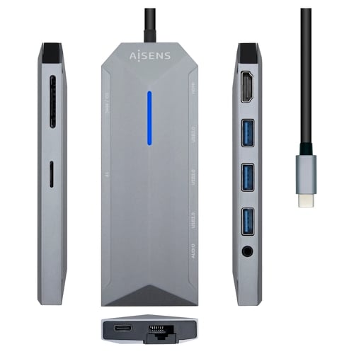 Aisens Dock 9 em 1 Hub USB-C 3.0 com 3x USB-A 3.0, 1x HDMI 1x RJ45, 1x PD 100W, 1x Áudio 3.5mm, 1x Leitor SD, 1x Leitor MicroSD - Caixa em alumínio - Cabo 0.15m - Aisens ASUC-9P001-GR