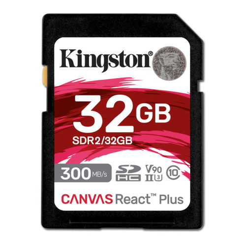 KINGSTON 32GB Canvas React Plus SDHC UHS-II 300R/260W U3 V90 for Full HD/4K/8K - Kingston SDR2/32GB