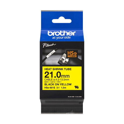 Fita tubo termo retrátil para cabos. Texto preto sobre fundo amarelo. Largura: 21mm. Comprimento: 1,5m. Cabo recomendado: Ø 4,2mm a 13,5mm - Brother HSE651E