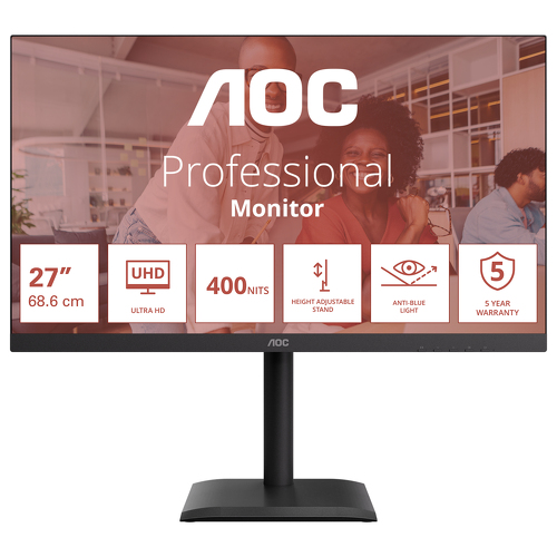 AOC MONITOR IPS 27" UHD 4K 60HZ HDMI DP USB-C COLUNAS HAS PIVOT U27E4CV - AOC U27E4CV