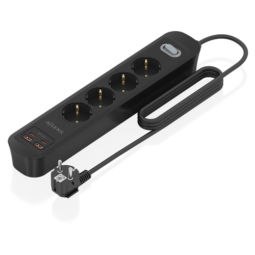 Aisens Ext Multi 4 Tomadas + Carregador PD3,0 20W 2xUSB-C 2xUSB-A 1,4M Preto - Aisens ASPS-2A2C13-BK