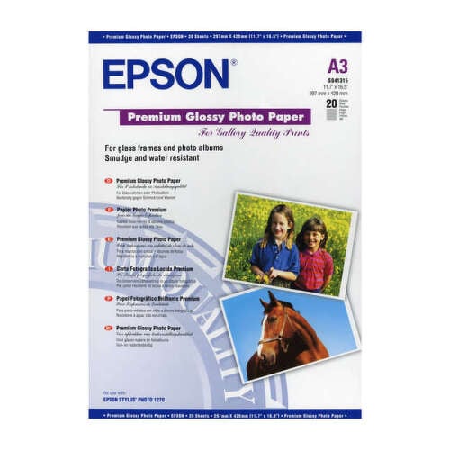 Epson C13S041315 Papel Fotografico A3 255gr - Acabado Brillante - 20 Hojas - para Impresoras de Tinta - Epson C13S041315