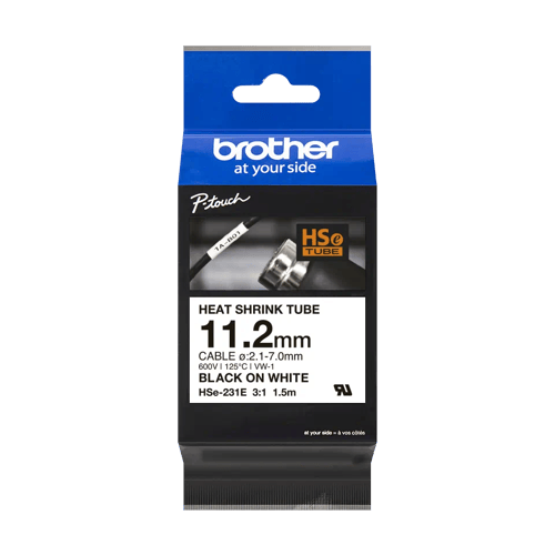 Fita tubo termo retrátil para cabos. Texto preto sobre fundo branco. Largura: 11,2mm. Comprimento: 1,5m. Cabo recomendado: Ø 2,1mm a 7mm - Brother HSE231E