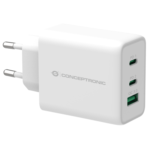 CONCEPTRONIC CARREGADOR GAN 2xUSB-C 1xUSB 65W BRANCO - Conceptronic 120549103101