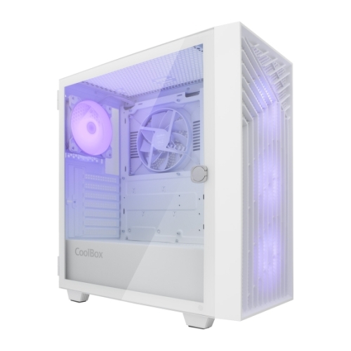 Caixa Coolbox GA300 GridLine Tower ATX, Micro ATX, Mini-ITX - Lado de vidro temperado - Tamanho do disco rígido 2,5", 3,5" - USB-A 3.0, USB-C e áudio - 3 ventoinhas ARGB de 120 mm - Suporte para arrefecimento líquido - Cor branca - Coolbox COO-CHA-GA300W-0