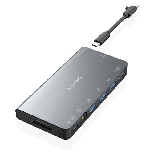 Estação de ancoragem Aisens USB-C 8 em 1 - USB-C para 1xHDMI - 1xRJ45 - 3xUSB-A - 1xUSB-C Data+PD - 1xSD - 1xMicro SD - 10cm - Zincado - Aisens 260982