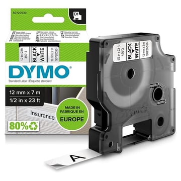 Dymo D1 45013 Cinta de Etiquetas Original para Rotuladora - Texto negro sobre fondo blanco - Ancho 12mm x 7 metros - S0720530 - Dymo S0720530