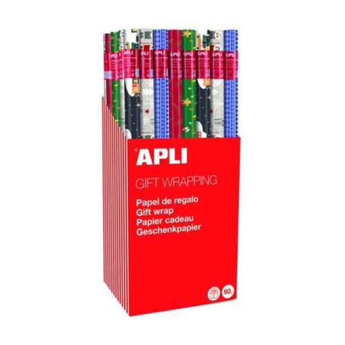 Apli Expositor de 55 Rollos de Papel Regalo Navidad - 11 Rollos por Color - Medidas del Rollo 0.70x2m - 5 Diseños - APLI 14003