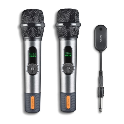 NGS SingerStar Duo Kit 2 Microfone Vocal Sem Fio - Tipo Dinâmico - Som Potente e Claro - Entrada Jack 3.5 e Adaptador Jack 6.3 - Alcance de até 15m - Autonomia de até 30h - Cor Preta - NGS SINGERSTARDUO