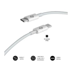 Cabo Subblim Plus USB-C - 100W - Trançado em nylon - 480Mbps - Chip E-Marker - 2 metros - Cor branca - Subblim SUBCAB-C10011