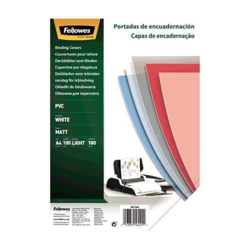 Embalagem de 100 capas de encadernação em PVC A4 - 180 microns - Alta qualidade - Branco - Fellowes 5100501