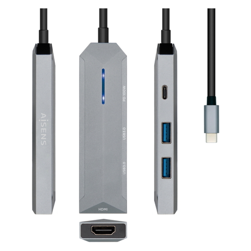Estação de ancoragem USB-C 4 em 1 da Aisens - USB-C para 1xHDMI - 2xUSB - 1xPD - 15 cm - Zincado - Aisens ASUC-4P002-GR