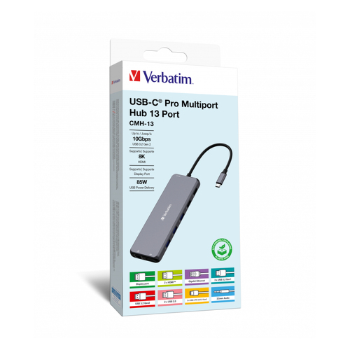 VERBATIM DOCK 8K USB-C 2xHDMI 1xDP 1xRJ45 4xUSB3.2 2xUSB2 2xUSB-C PD 85W - Verbatim 32153