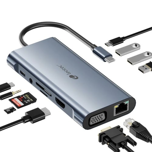 11 em 1 Adaptador USB-C Leotec para 1xHDMI, 1xVGA, 1xRJ45, 3xUSB-A 3.0, 1xUSB-C PD, 1xUSB-C, 1xTF+1xSD, 1x Áudio - Cinzento - Leotec 269122