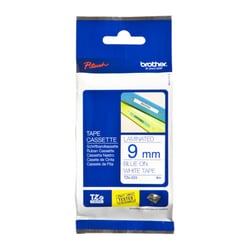 Fita laminada. Texto azul sobre fundo branco. Largura: 9 mm. Comprimento: 8m - Brother TZe223