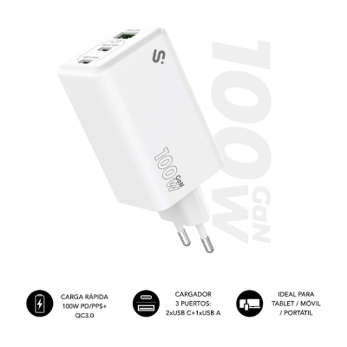Carregador de parede Subblim GaN 100W - 3 portas (2xUSB-C + 1xUSB-A) - Carregamento ultrarrápido - Cor branca - Subblim SUBCHG-6G1003