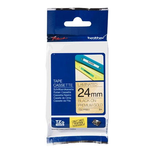 Fita laminada. Texto preto sobre fundo ouro premium. Largura: 24mm. Comprimento: 8m - Brother TZePR851