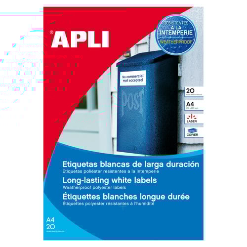 Apli Embalagem de 960 etiquetas brancas resistentes às intempéries - Tamanho 45,7x21,2mm - 20 folhas x 48 etiquetas - APLI 206146
