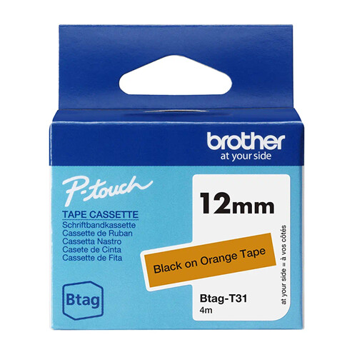 Fita Btag-T31, 12mm, preto sobre laranja - Brother BTAG-T31