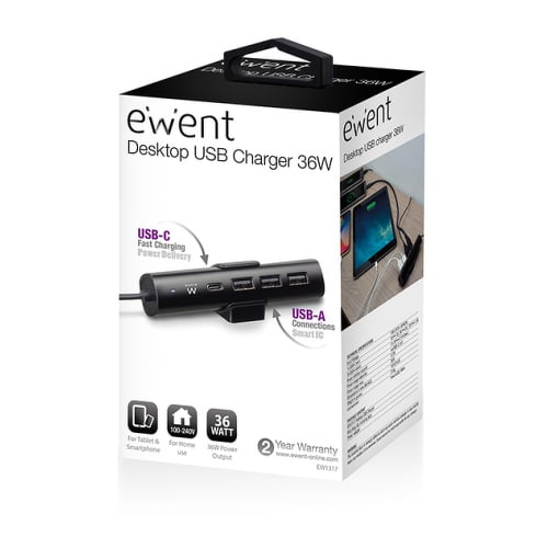 EWENT HUB USB 1X USB-C 36W+ 3X USB 2.0 ALIMENTADO 1.90MT - Ewent EW1317