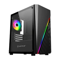 Caixa Unykach MIni Glayze Micro-ATX - Iluminação ARGB - Janela lateral de vidro temperado - USB-A 2.0/3.0 e áudio - 1 ventoinha RGB de 120 mm instalada - Cor preta - Unykach 267102