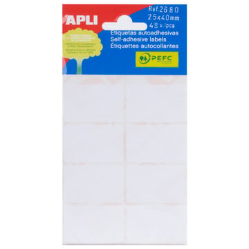 Pacote de 48 etiquetas brancas 25x40mm - Adesivo permanente - 8 etiquetas por folha - APLI 207481