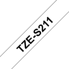 Fita laminada super adesiva. Texto preto sobre fundo branco. Largura: 6 mm. Comprimento: 8 m - Brother TZeS211