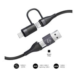 Cabo Subblim Top 4 em 1 - USB-A USB-C Lightning - 60W - Nylon entrançado - Carregamento rápido - 1 metro - Subblim SUBCAB-4IN101
