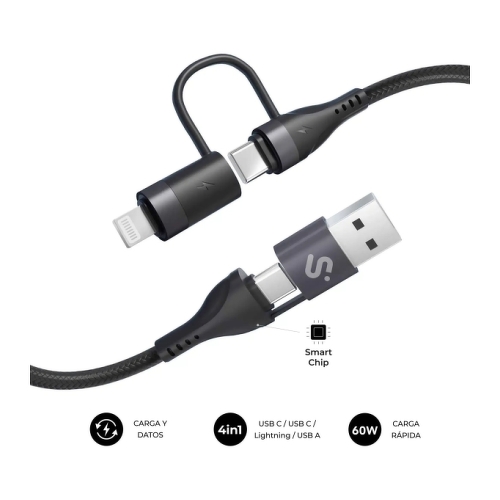 Cabo Subblim Top 4 em 1 - USB-A USB-C Lightning - 60W - Nylon entrançado - Carregamento rápido - 1 metro - Subblim SUBCAB-4IN101