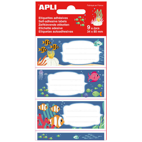 Apli School Stickers Fundo do mar - Tamanho 81x36mm - Autocolante permanente de alta qualidade - Ideal para identificar livros e cadernos - Desenho colorido do mar - APLI 214886