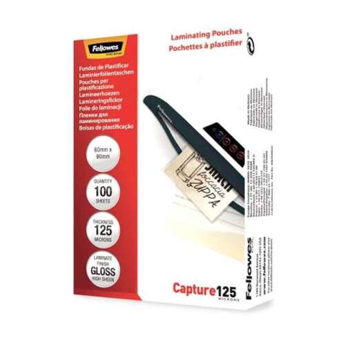 Fellowes Embalagem de 100 lâminas de laminação de cartões brilhantes 60 x 90 mm - 125 mícrons - Alta qualidade - Transparente - Fellowes 5397402