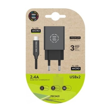TechOneTech Carregador de Parede Duplo + Cabo USB-A para Micro-USB 2.4 1m - Revestido com entrançado de nylon - TechOneTech 144349