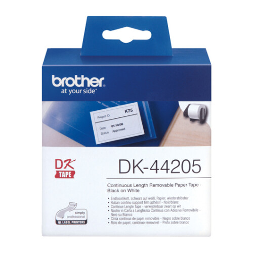 Rolo de papel. contínuo removível (branco). Largura / Altura: 62 mm - Brother DK44205