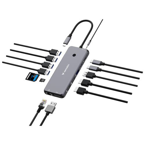 Hub USB Verbatim Dock 4K USB-C, 2x HDMI, 1x VGA, 1x RJ45, 3x USB 3.2, 2x USB, 1x USB-C, CR 3,5, PD 100 W - Verbatim 32154