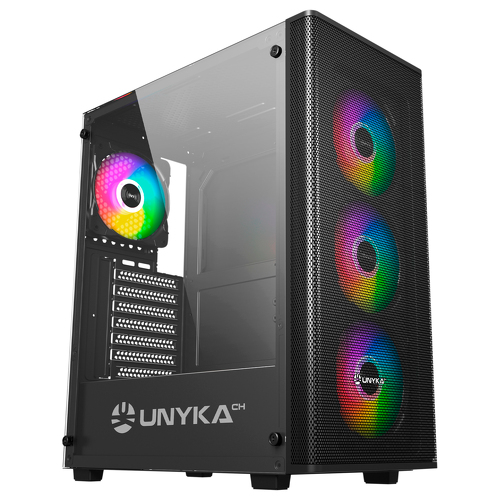 Unykach MIR 100 Gaming Case ATX, Micro ATX, ITX - Lado de vidro temperado - USB-A 2.0, 3.0 e áudio - 4 aberturas ARGB de 120 mm instaladas - Suporte para arrefecimento líquido - Unykach 238722