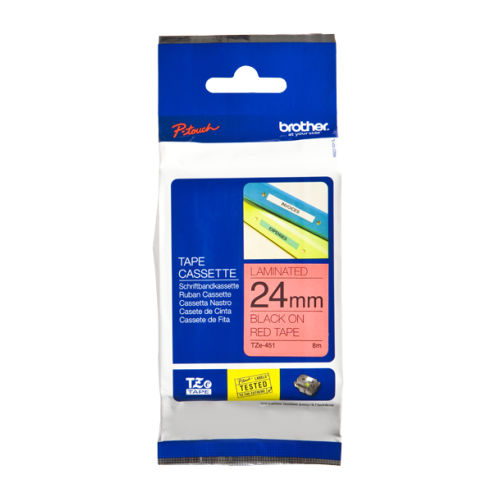 Fita laminada. Texto preto sobre fundo vermelho. Largura: 24 mm. Comprimento: 8 m - Brother TZe451