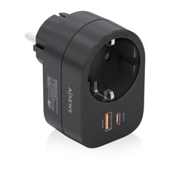 Extensão de parede multifunções Aisens com 1 tomada + 1xUSB-C 20W PD3.0 - 1xUSB-A 20W QC3.0 - Cor preta - Aisens 294332