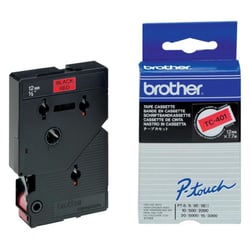 Fita laminada. Texto preto sobre fundo vermelho. Largura: 12 mm. Comprimento: 7,7 m - Brother TC401