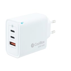 Carregador de parede Coolbox GaN 65W USB-C/USB-C/USB-A Carregamento rápido - Tecnologia GaN - Compatível com vários dispositivos - Design compacto. - Cor branca - Coolbox 298437