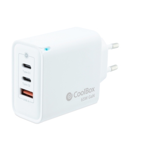 Carregador de parede Coolbox GaN 65W USB-C/USB-C/USB-A Carregamento rápido - Tecnologia GaN - Compatível com vários dispositivos - Design compacto. - Cor branca - Coolbox 298437