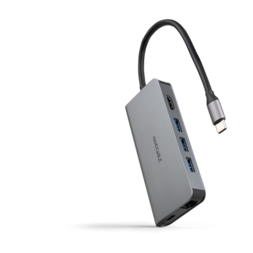 Hub USB-C 8 em 1 Nanocable - USB-C 3.1 para 3 x USB-A 3.0 + USB-C PD 100W + HDMI 4K@60Hz + RJ45 + TF + SD - Alumínio - 18cm - Cor cinzenta - Nanocable 10.16.4609