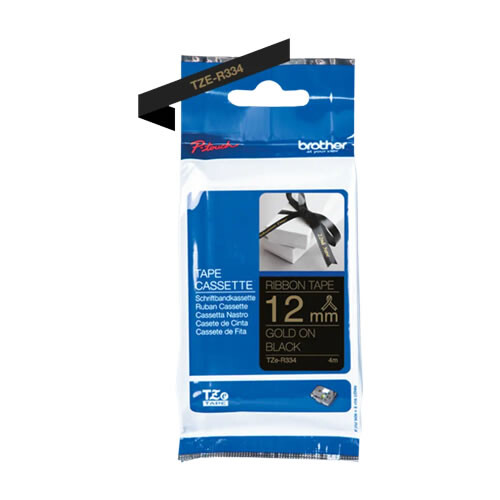 Fita acetinada não adesiva. Texto dourado sobre tecido preto. Largura: 12mm. Comprimento: 4m - Brother TZe-R334