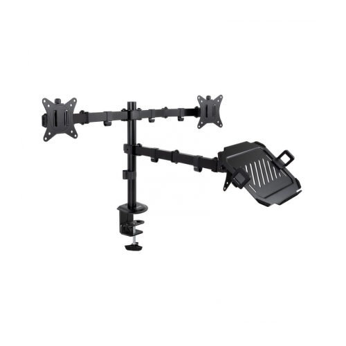 Suporte de mesa Tooq para 2 monitores 17"-32" + Tabuleiro para computador portátil - Gestão de cabos - Peso máximo 9kg x braço - VESA 100x100mm - Tooq 271597