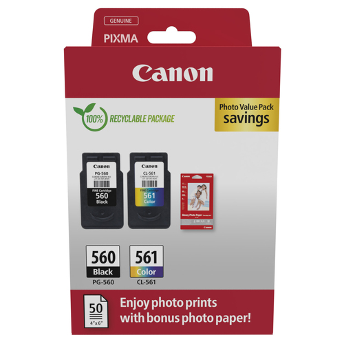 Canon PG-560/CL-561 Pack de 2 Cartuchos de Tinta Originales + Papel Fotografico Brillante GP-501 - 3713C008 - Canon 3713C008