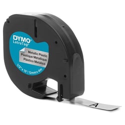 Dymo LetraTag S0721730 Cinta de Etiquetas Original para Rotuladora - Texto negro sobre fondo metalico - Ancho 12mm x 4 metros (91208) - Dymo S0721730