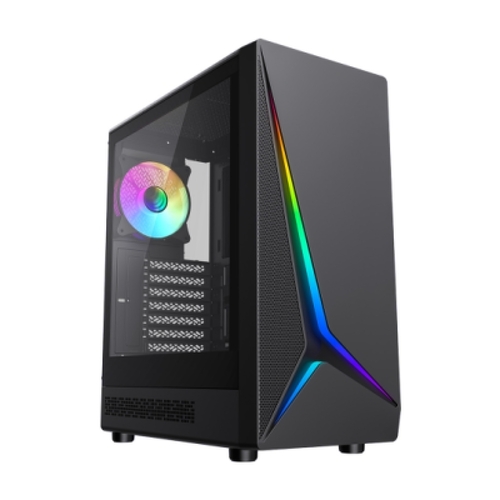 Gabinete Coolbox GA450 StarLight ATX, Micro ATX, Mini-ITX Tower - Laterais de vidro temperado - Tamanho do HDD: 2,5", 3,5" - USB-A 3.0, USB-C e áudio - Ventoinha traseira ARGB de 120 mm - Suporta refrigeração líquida - Preto - Coolbox COO-CHA-GA450B-0