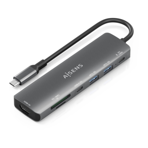 Dock USB-C Aisens 7 em 1 - USB-C para 1xHDMI - 2xUSB-A - 1xUSB-C - 1xUSB-C 100W - 1xSD - 1xMicroSD - 15cm - Cor Cinza - Aisens ASUC-7P026-GR