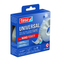 Tesa Cinta Universal de Doble Cara con Nano Power 30mm x 3 Metros - Soporta Cargas Pesadas - Puede Retirarse sin Dejar Residuos - Reutilizable - Para Interiores y Exteriores - Transparente - Tesa 55810-00002-00