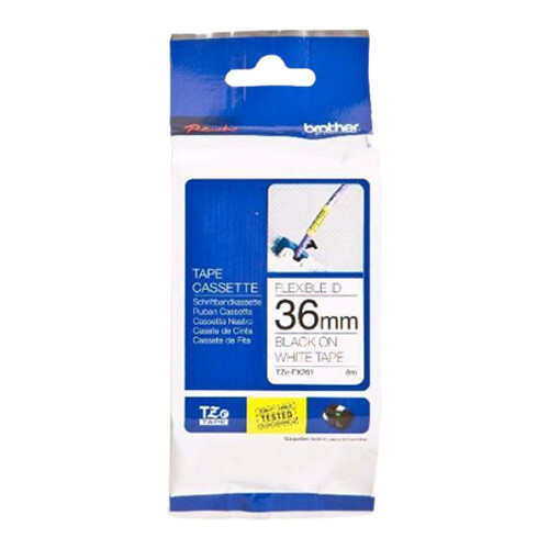 Fita laminada flexível. Texto preto sobre fundo branco. Largura: 36 mm. Comprimento: 8 m - Brother TZeFX261